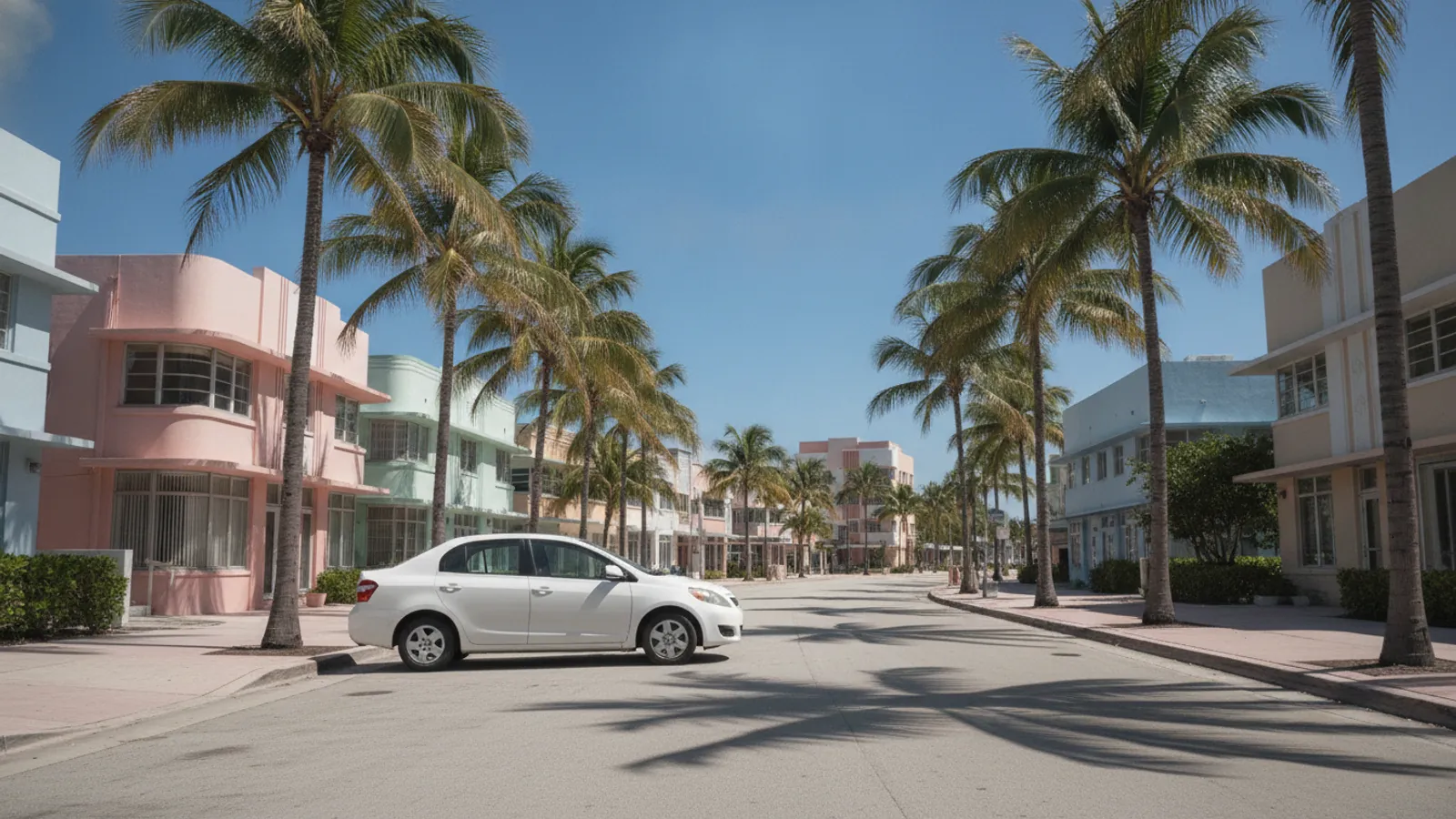 Economy compact rental car parked on a Miami street with palm trees — Car Rental Miami 24
