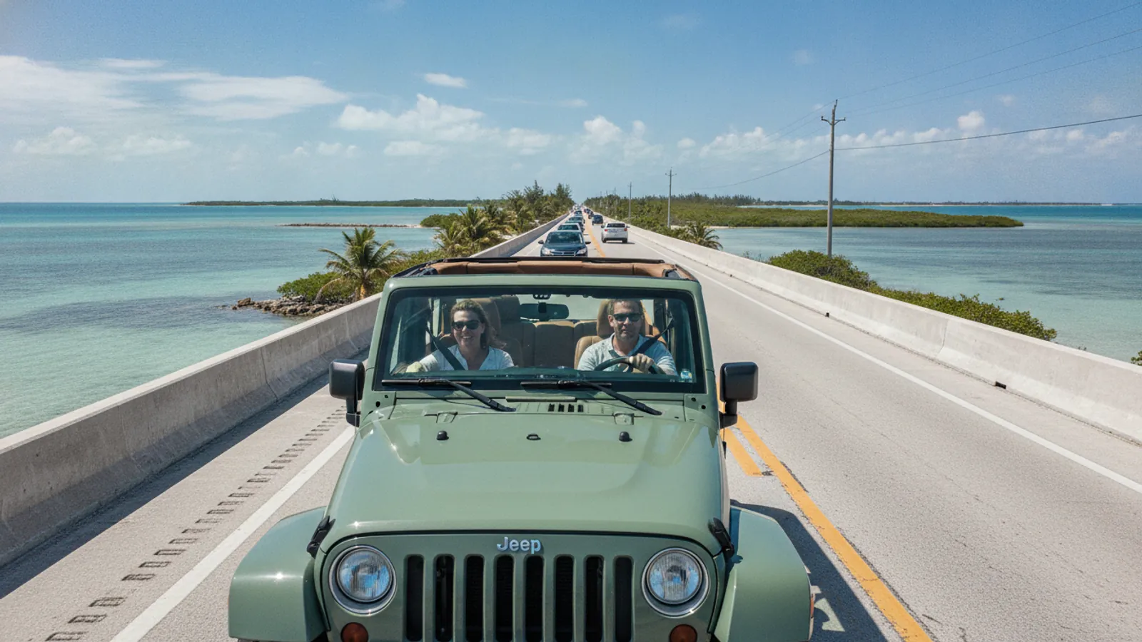 Jeep 4x4 rental on a sunny road heading toward the Florida Keys — Car Rental Miami 24