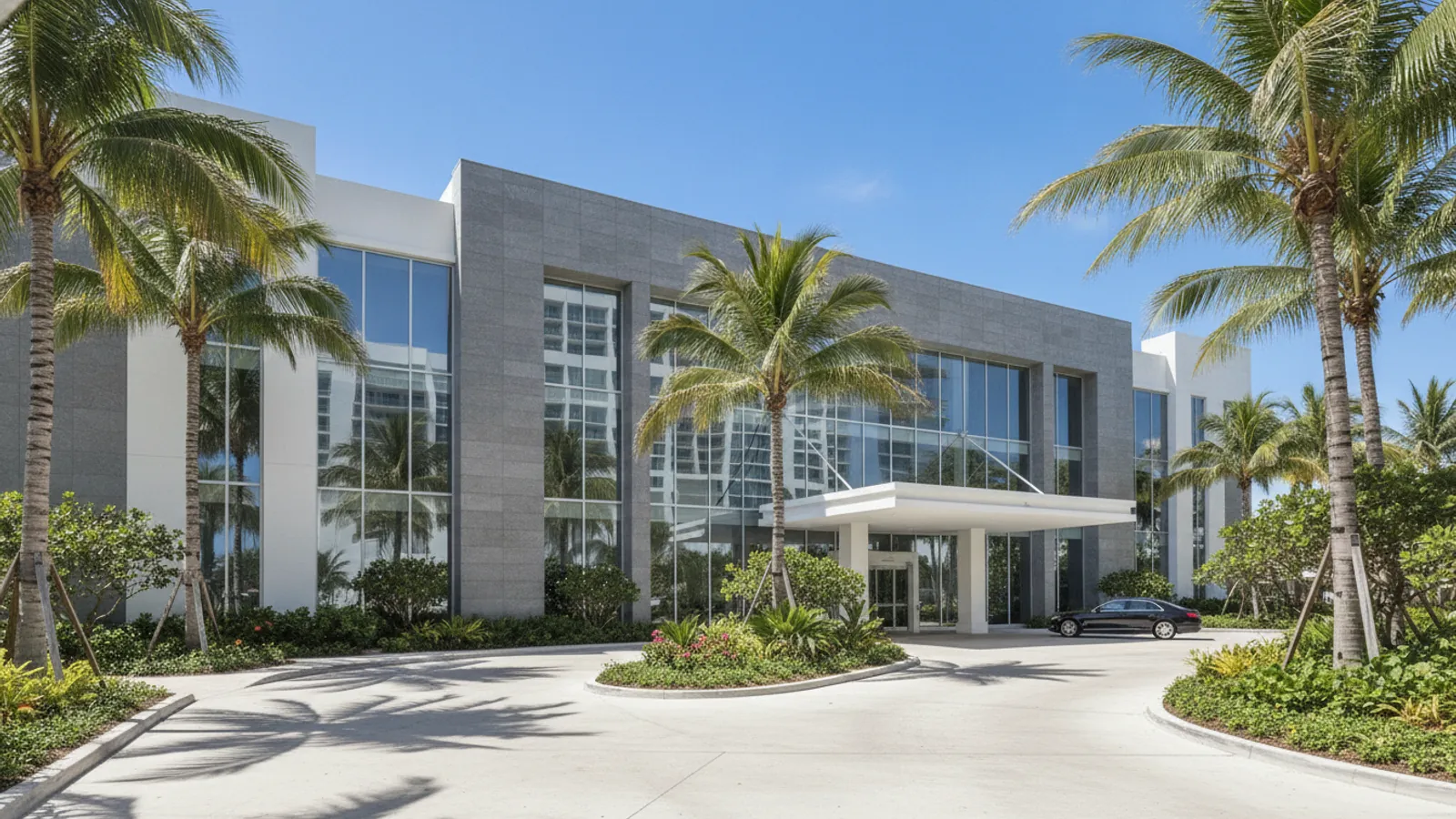 Luxury sedan rental in front of an upscale South Beach hotel in Miami — Car Rental Miami 24