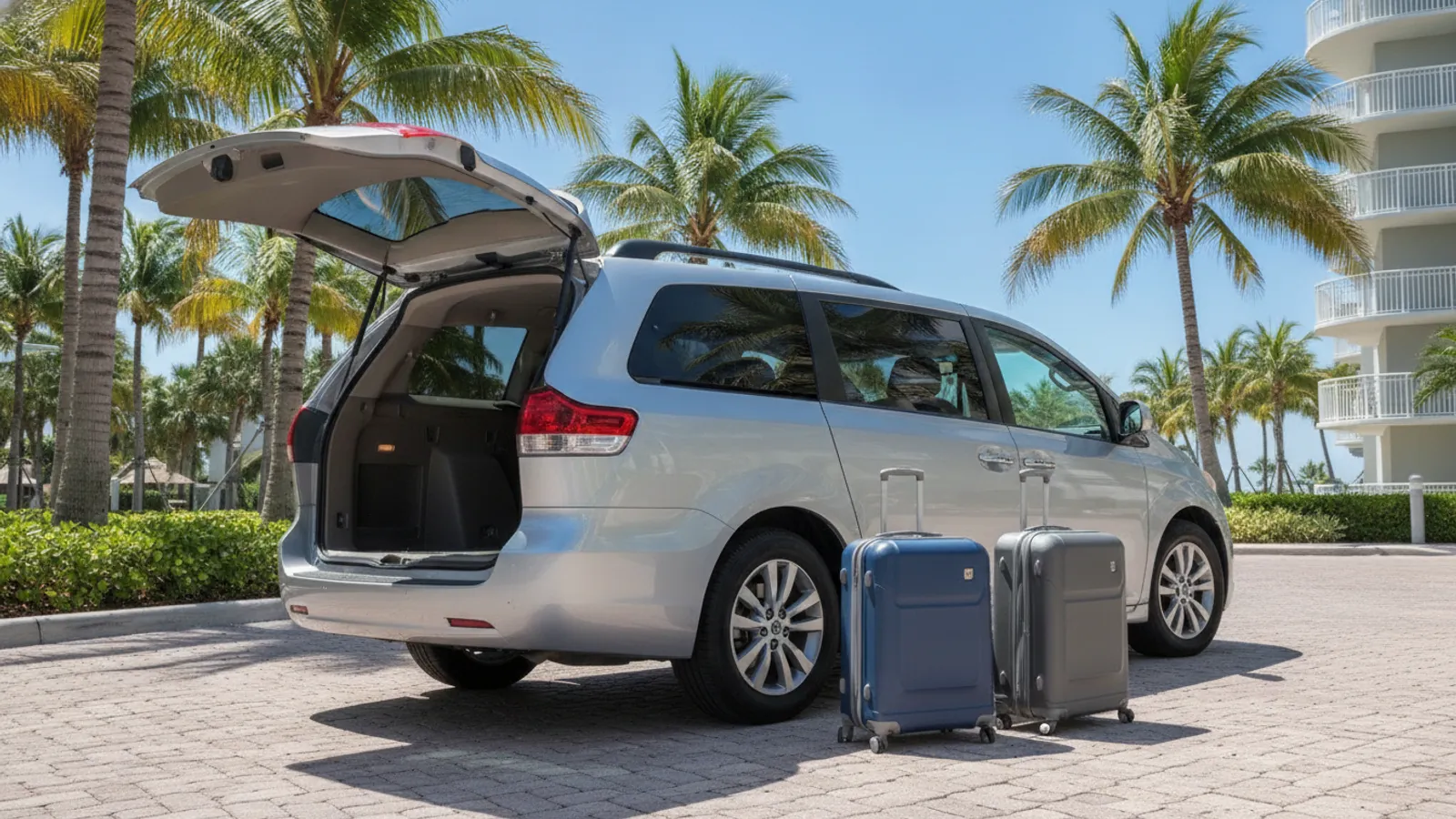 Seven-seater minivan rental with a family loading luggage in Miami — Car Rental Miami 24